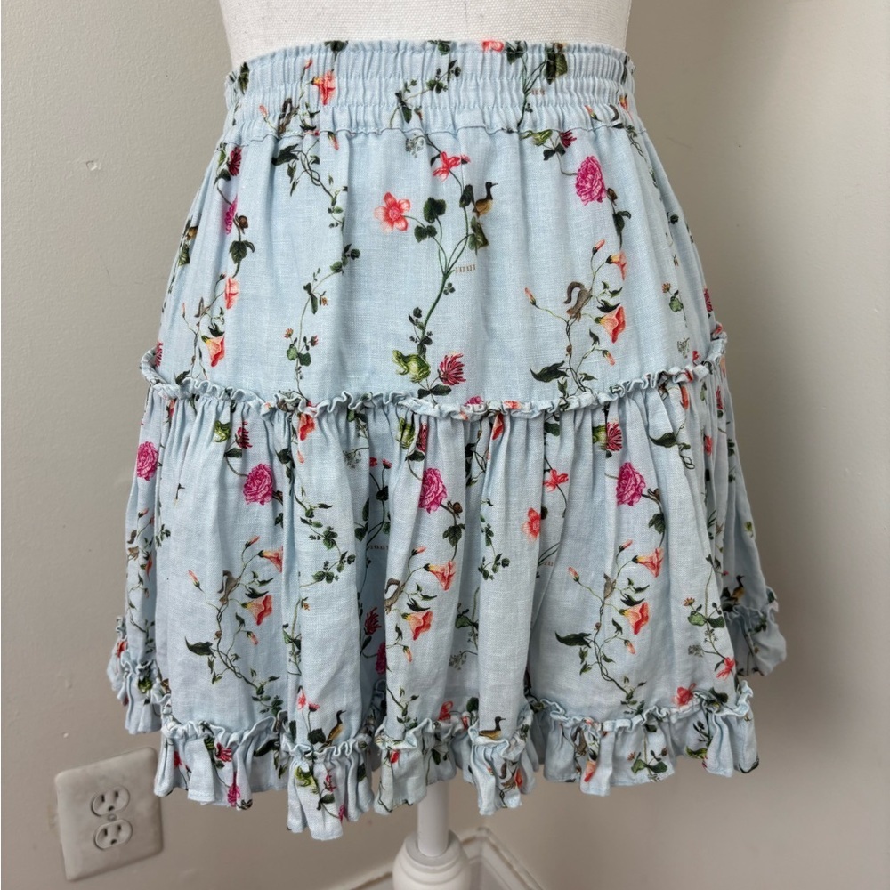 Hill House 100% Linen Pond Floral The Paz Tiered Ruffle Mini Skirt SZ Small - Picture 10 of 11
